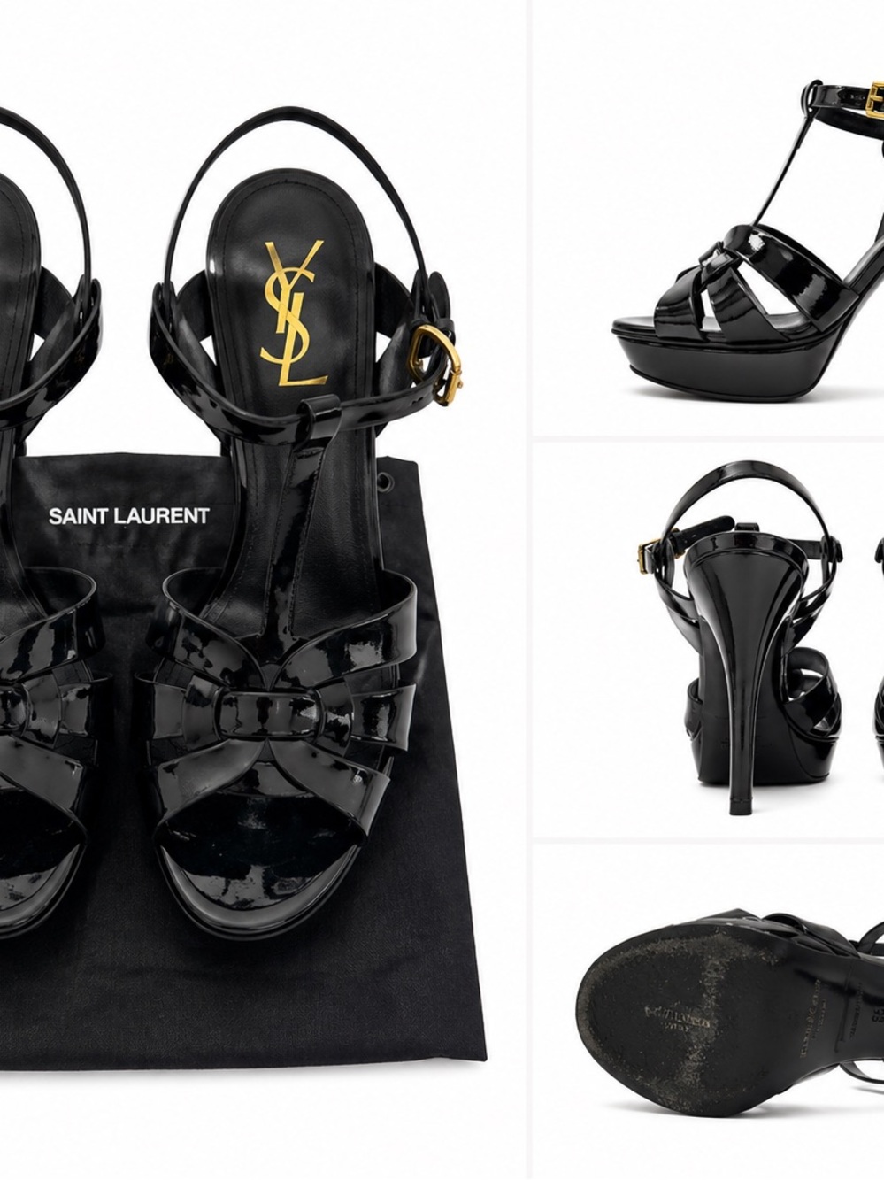 Saint Laurent Black Patent Leather tribute heel sandals